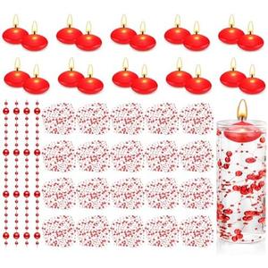 Fumete 40 Pcs Red Wedding Floating Candles Pearl Strings for Centerpieces Small Unscented Floating Wedding Candles Vase Fillers Table Decoration for Anniversary Birthday Engagement Home Decor
