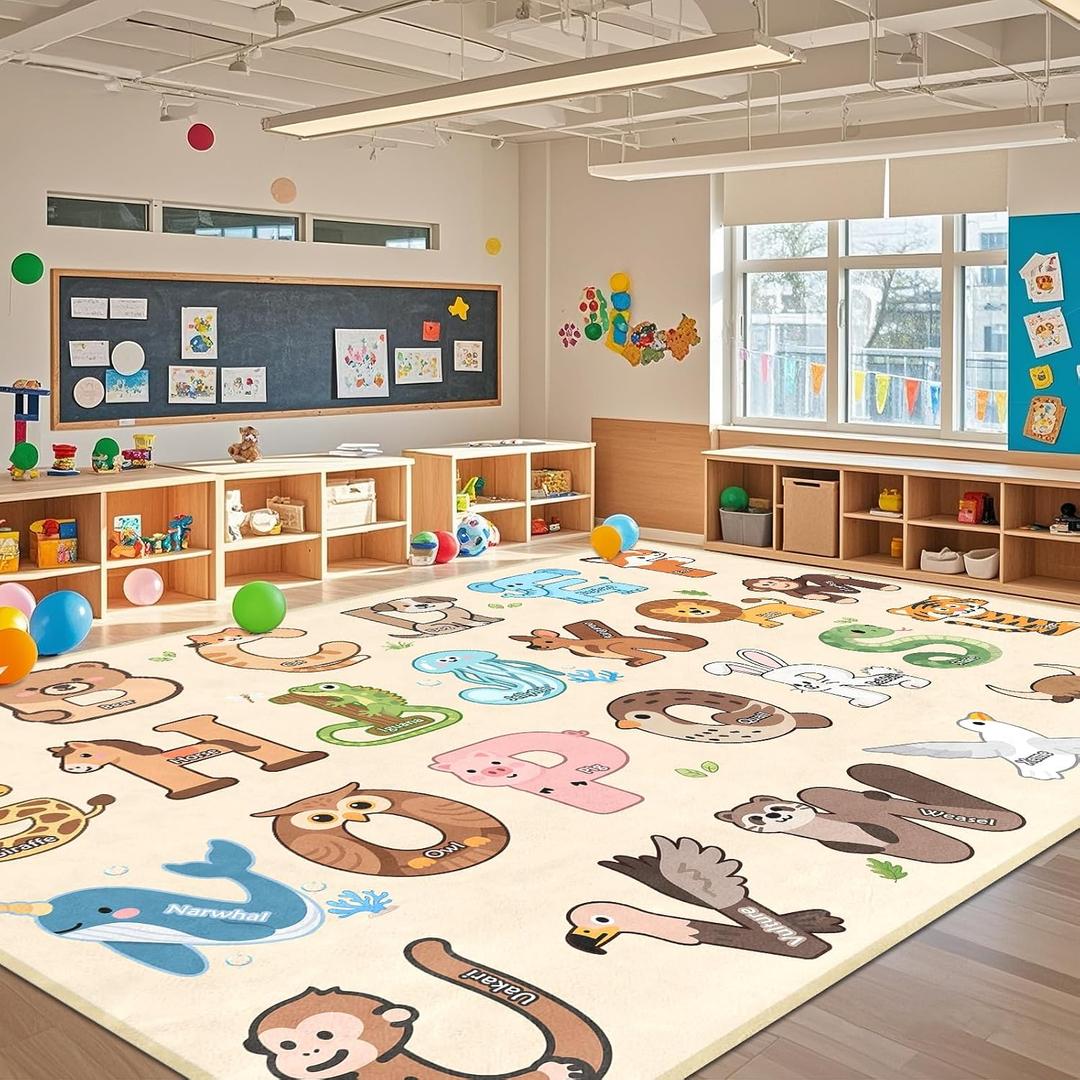 ABC Kids Rugs for Playroom - 9x12 Feet Large Classroom Rug for Kids Preschool Educational Learning Animal, Alphabet Rugs Children Room Decor, Beige