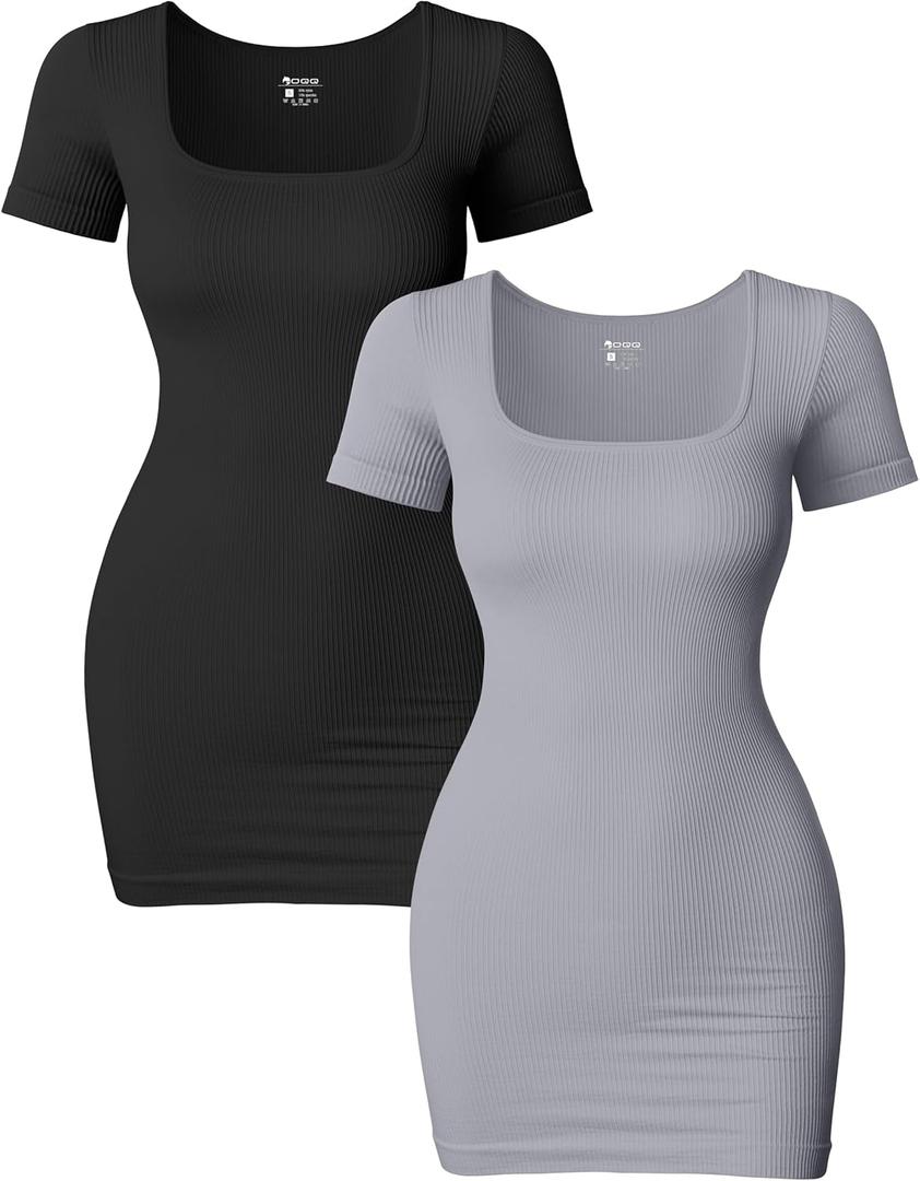 OQQ Women's 2 Piece Mini Dresses Sexy Ribbed Short Sleeve Square Neck Bodycon Mini Dress Black Grey, Small