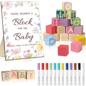 Baby Shower Games, 43PCS Decorate A Block Baby Shower Game Kit Including 1 Wooden Sign 30 Blank Blocks 12 Color Markers, Baby Shower Decorations, Gender Reveal Games for Guests (Wildflower)