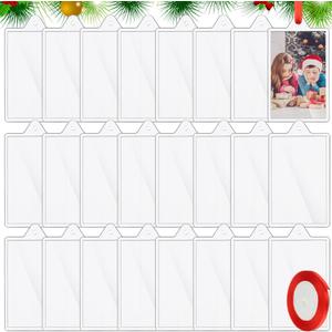 24 Pcs DIY Christmas Picture Frame Ornaments with Red Ribbon, Acrylic Xmas Tree Photo Frame Bulk, Hanging Photo Christmas Ornaments, Plastic Ornament Tree Decor (Square)