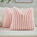 FUTEI Pink Striped Decorative Throw Pillow Covers 16x16 Inch Set of 2,Square Winter Decorations Couch Pillow Case,Soft Cozy Faux Rabbit Fur & Velvet Back,Modern Home Decor for Bed