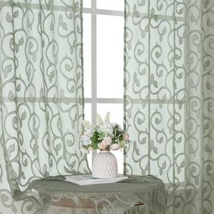 OWENIE Furman Sheer Sage Green Curtains 90 inches Long for Bedroom Living Room 2 Panels Set, Light Filtering Soft Semi Sheer Jacquard Clip Farmhouse Curtains Rod Pocket Design, Each 52Wx90L inch