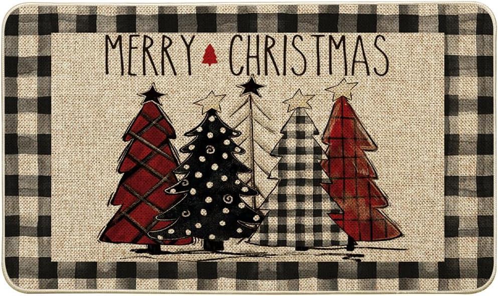 Artoid Mode Watercolor Buffalo Plaid Christmas Trees Welcome Decorative Doormat, Seasonal Winter Low-Profile Rug Switch Mat for Indoor Outdoor 17x29 Inch (Black/Beige)