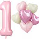 40 Inch Pink 1 Balloons, Large Light Pink Number One Balloon with Pastel Baby Pink Cream Foil Heart Balloons Helium for Girls 1st Birthday Party First One Year Baby Shower Princess Party Decorations