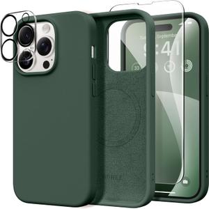 GONEZ for iPhone 14 Pro Case, Compatible with Magsafe, with Screen Protector + Camera Lens Protector, Soft Anti-Scratch Microfiber Lining, Shockproof Liquid Silicone Phone Cover, Dark Green