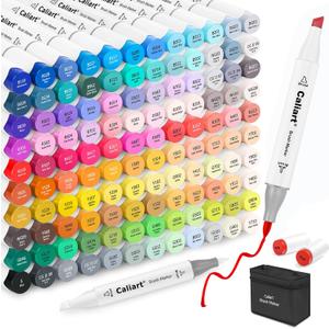 Caliart 121 Colors Alcohol Based Markers, Dual Tip Art Marker Set Chisel & Fine, Permanent Colored Pens for Adults Coloring Book Artists Sketch Illustration Drawing Supplies Gifts