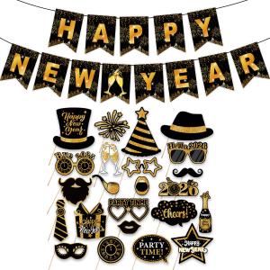 Happy New Years Banner Photo Booth Props 2026 Kits- New Years Decorations Party Suplies Decor Funny Cute Holiday Selfie Supplies for Celebratory Eve Photography