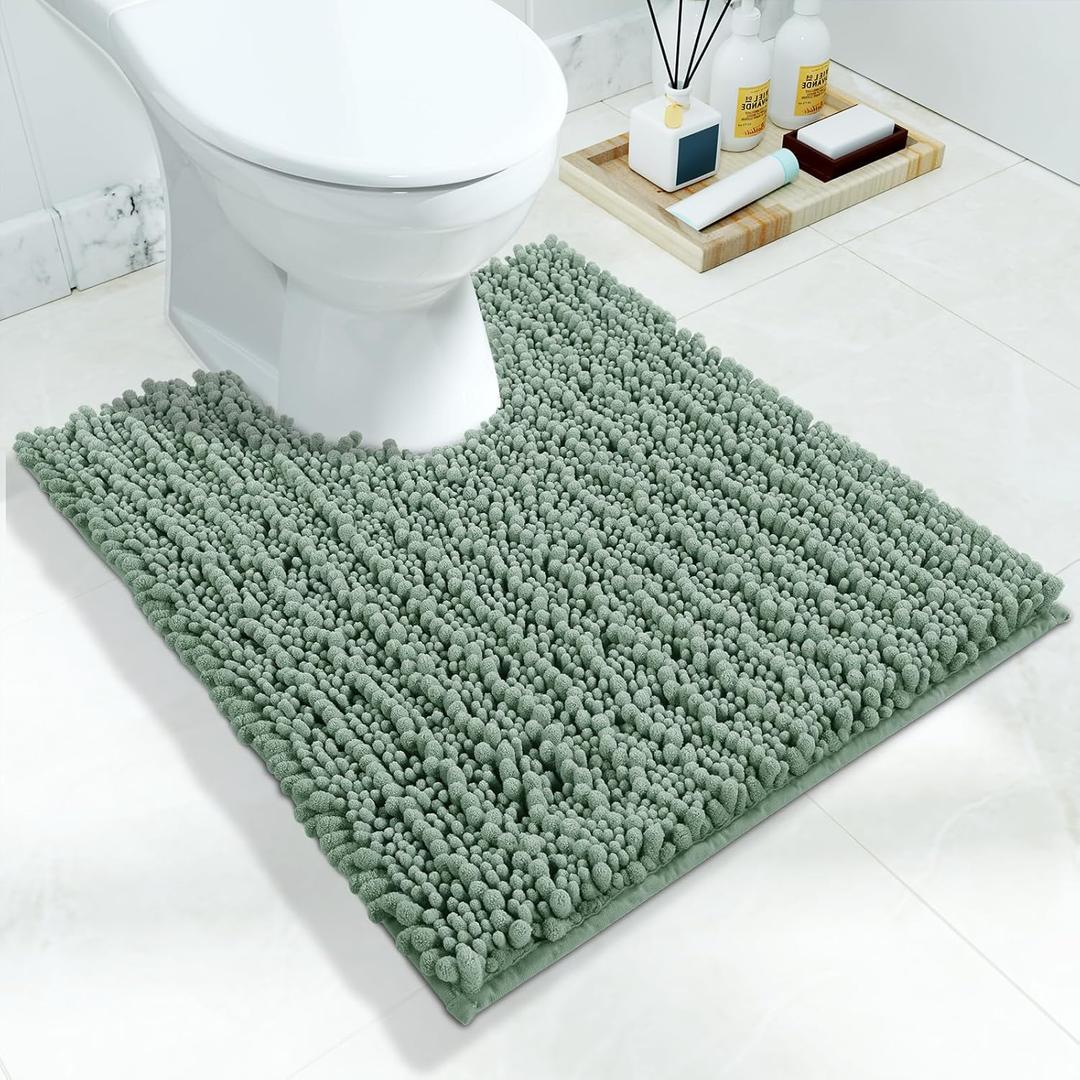 Yimobra Luxury Shaggy U-Shaped Toilet Rug, Soft Comfortable Contour Mat for Bathroom Floor, 24.4 X 20.4 Inches, Non-Slip Bath Carpet, Maximum Absorbent, Dry Quickly, Machine-Washable, Green