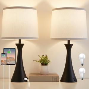 Touch Lamp for Living Room Bedroom, 21" Table Lamps Set of 2 with USB C+A Ports and White Lamp Shades, Touch Bedside Lamps for Nightstand with 3 Way Dimmable, 2 LED Bulbs Included