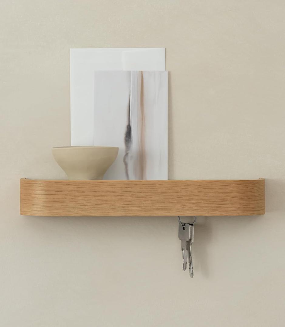 Kazai. Key Holder 'Toke' | Minimalist Key Hook Design from Berlin | Modern Key Holder Wall Mount with Wooden Shelf | Key Rack for Wall as Entryway Organizer | Oak