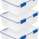 IRIS USA WeatherPro 27 Qt Storage Bins with Lids, 3 Pack, BPA-Free Plastic Gasket Box with Tight Latch and Seal, Stackable Nestable Tote Tub - Clear/Blue