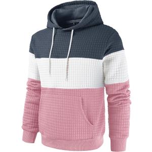 Women's Waffle Color Block Pullover Sweatshirts Hoodies Drawstring Hooded Sweatshirt for Women Trendy (Greyblue/White/Pink) XS