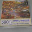 Bits and Pieces  500 Piece Jigsaw Puzzle for Adults  Autumn Cabin - Fall Forest Lake Tree Leaves Scarecrow Rustic Jigsaw Puzzle by Artist Bigelow Illustrations, Completed Puzzle Size: 18" x 24"