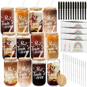 12 Set Employee Appreciation Gifts Thank You Gifts Bulk for Coworker Staff Teacher Nurses, Thank You Glass Cups 16 oz Can Shaped Beer Glass Makeup Bag Ballpoint Pen for Women Men (Best Team)