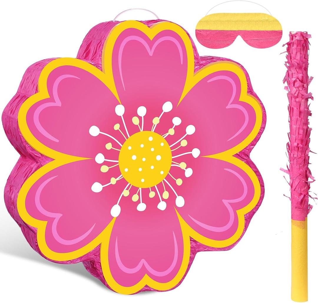 Aoriher Daisy Flower Piata Set with Blindfold and Bat Pink Flower Piata Daisy Hippie Boho Game for Birthday Baby Shower Gender Reveal Wedding Floral Party Supplies Decorations (Pink Flowers)