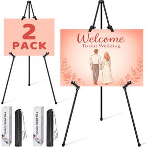 2Pack Black Easel Stand for Sign & Poster - 63" Adjustable Metal Display Easels for Wedding Welcome Signs, Painting, Canvas, Art & Picture - Portable Folding Tripod with Carry Bag, Holds 5 Lbs