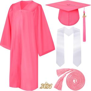 Syhood 4 Pieces 2025 Unisex Graduation Matte Gown Cap Tassel Stole Set Honor Cord for Graduation (Size 48, Pink, White)