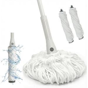 Self Wringing Mop for Floor Cleaning with 2 Reusable Heads, Easy Wringing Twist Mop with 55 Inches Long Handle and Top Scouring Pad, Wet and Dry Mops