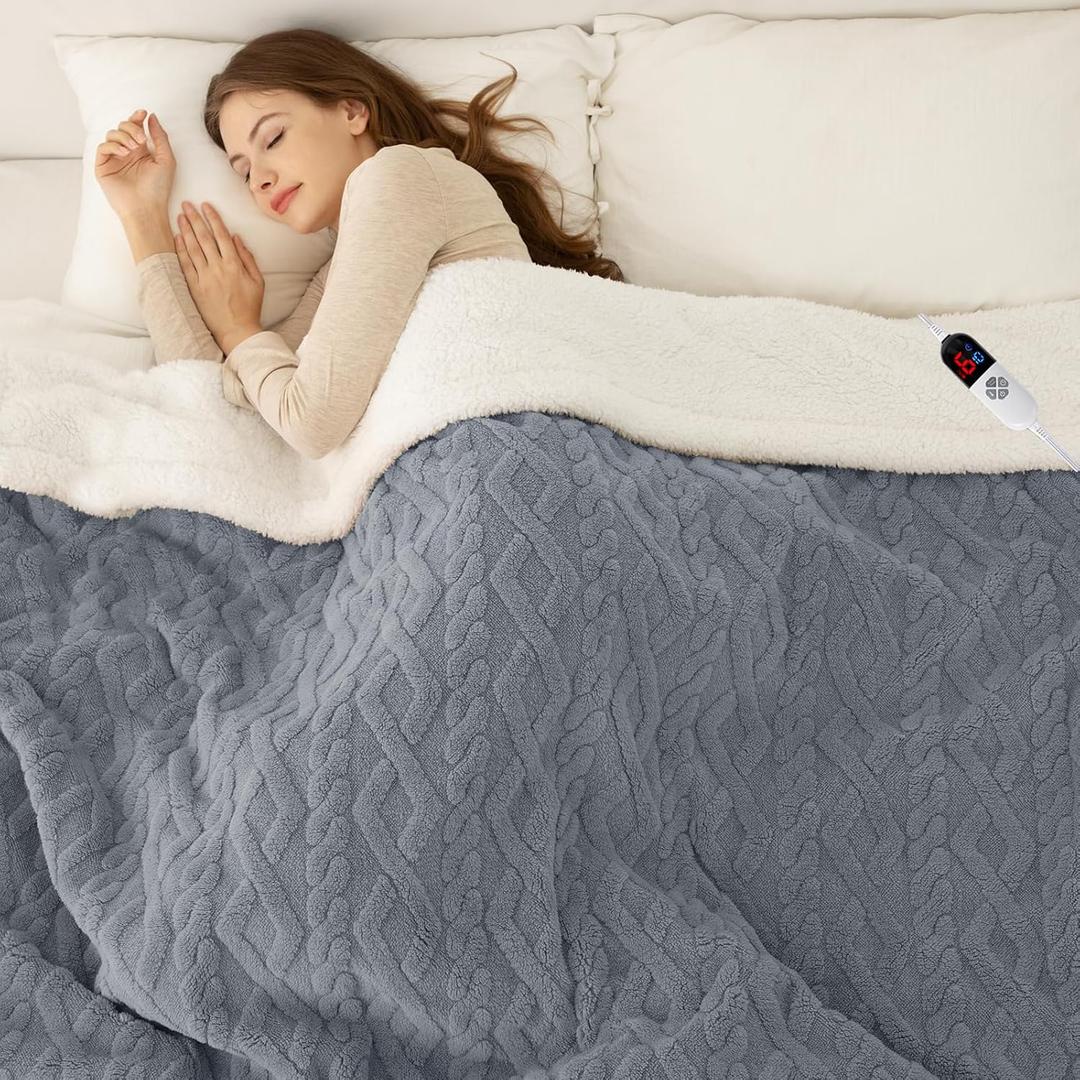 Electric Blanket Full Size 72"X84" Blue - Soft Thick Warm Sherpa Heated Blanket for Winter with 6 Fast Heating Levels & 10hrs LED Timer Auto Off for Women, Overheating Protection for Home
