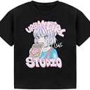 Girls Graphic Tees Summer Casual T Shirts Short Sleeve Crewneck Cute Top Black Cartoon, Size: 4T