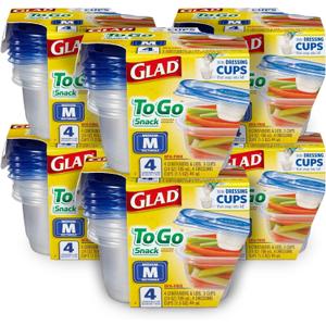 Glad GladWare To Go Lunch Food Storage Containers with Lids, Medium Round BPA Free Plastic with Built-In Dressing Cup for Salads and Lunches, Microwave Dishwasher Safe, 32 Oz, 4 Count - 6 Pack