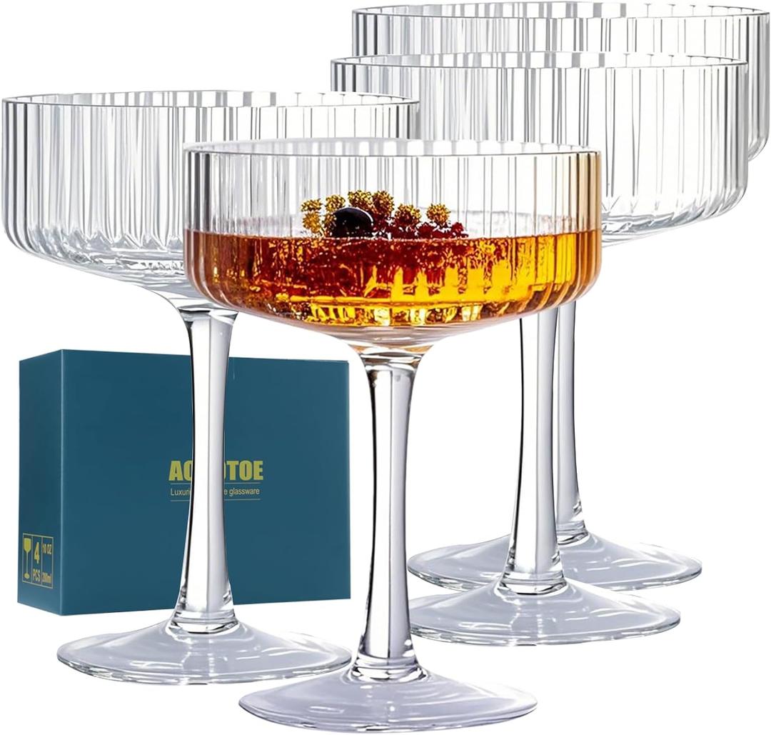 Coupe Glasses Set Of 4 Vintage Glassware Champagne Martini Cocktail Crystal Wine Glasses Fluted Ribbed Coupe Glasses Gifts Housewarming Weddings Aniversary 10 Oz