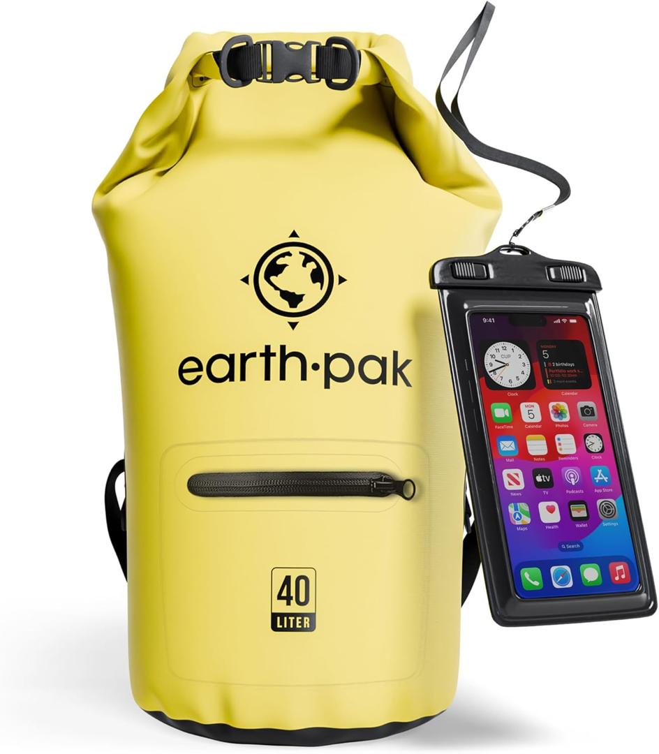 Earth Pak Waterproof Dry Bag with Zippered Pocket - Waterproof Dry Bag Backpack Keeps Gear Dry (40L, Yellow)