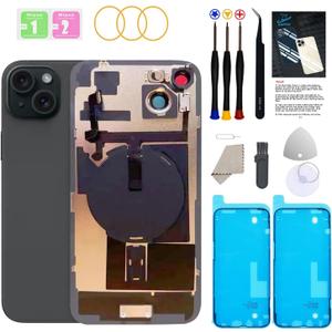 Back Glass Replacement for iPhone 15 with Repir Tools, Big Hole Rear Back Cover Glass Replacement All Carriers with Pre-Installed Adhesive and Repairing Tool Kits (Black)