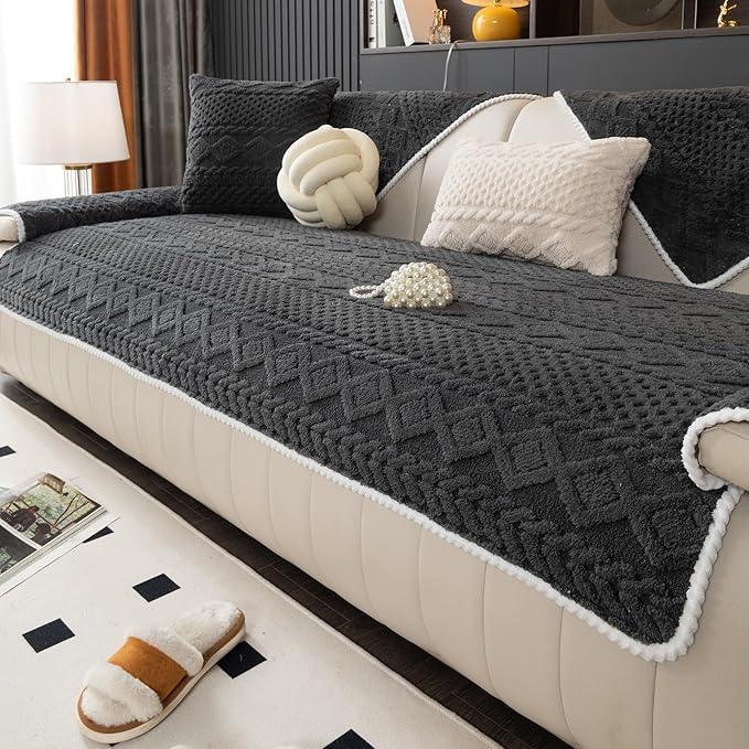 Geometric Jacquard Plush Warm Sofa Couch Cover, Soft Funny Fuzzy Couch Covers, Non Slip Sectional Sofa Slipcover, Cozy Washable Furniture Protector for Kids, Pets (Dark Grey, 36"x 83")