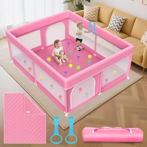 79x71 in Baby Playpen with Mat: Large Play Pen for Babies and Toddlers - Baby Gate Playpen with Soft Breathable Mesh - All-Wrapped Sponge Sturdy Safety Play Yard with 2 Handles & Bag, Pink