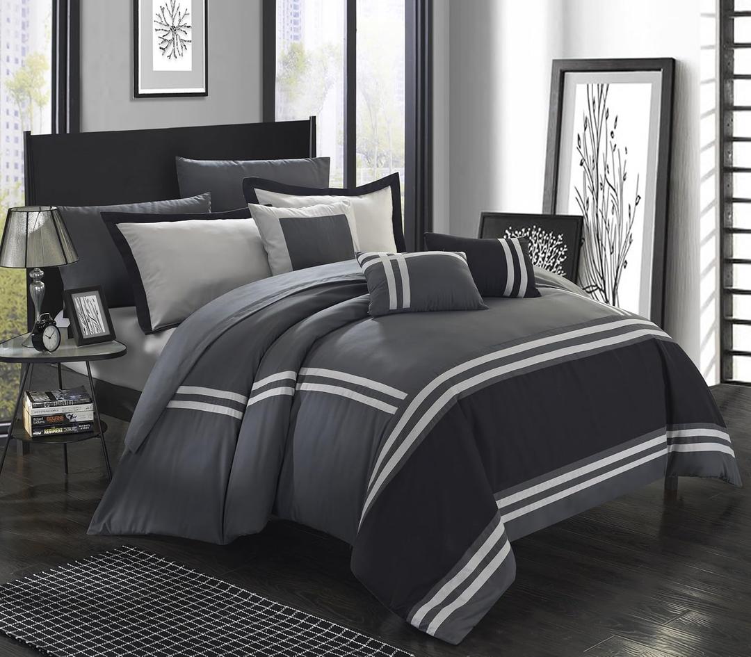 Chic Home Zarah Colorblock Queen Size Comforter Set, 10-Piece King Bedding Set with Queen Comforter, Shams, Decorative Pillows, and Sheet Set - Bed in a Bag Queen (Grey)