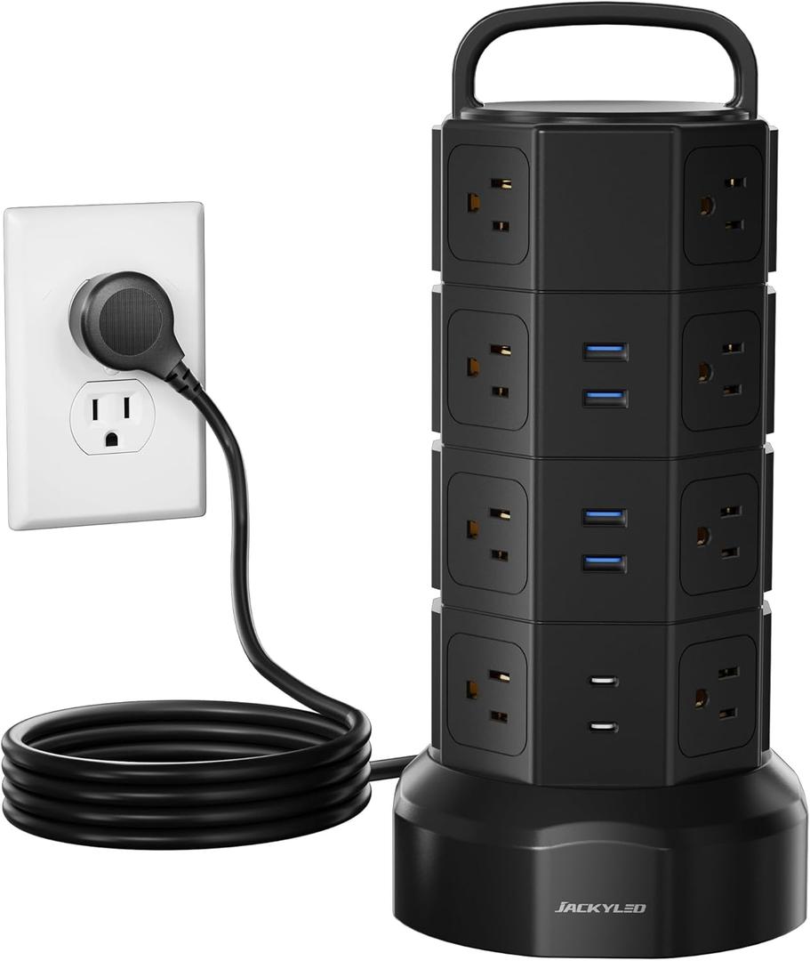 Power Strip Tower Surge Protector, JACKYLED 16 Outlets 6 USB (2 USB C) Charging Station, Extension Cord with Multiple Outlets, 1050J 1625W/13A Outlet Extender 6.5ft Extension Cord for Home Office