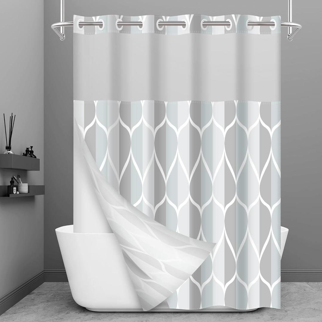 No Hook Grey Shower Curtain with Snap in Fabric Liner Set - Hotel Style with See Through Mesh Top Window, Modern Geometric Waterdrop Design,Waterproof and Washable, 71x74 INCH