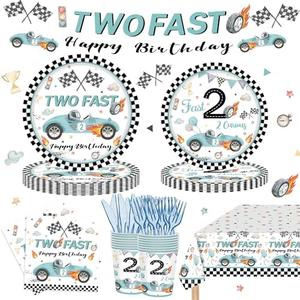122PCS Two Fast Birthday Party Supplies for Kids Boys 2nd Birthday Party Decor Two Fast Two Curious Racing Car Bday Tableware Set Plates Napkin Cups Forks Knives Banner Tablecloth Serves 20 Guests