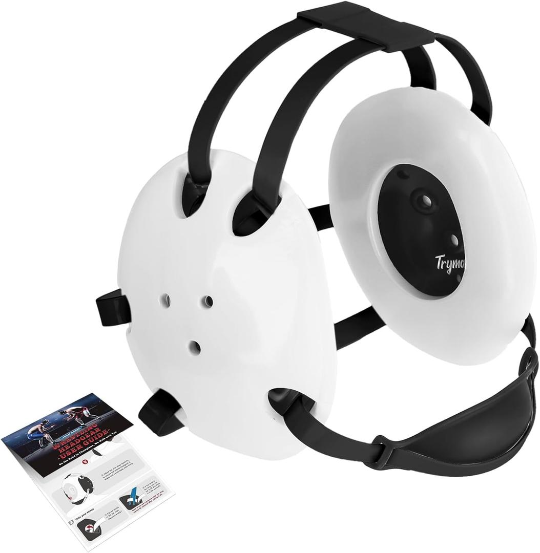 Wrestling Headgear, Youth Wrestling Head Gear with Chin Cup, Sorf Ear Guard for MMA, Jiu-Jitsu (for Users Age 10+) (White Headgear & Black Strap)