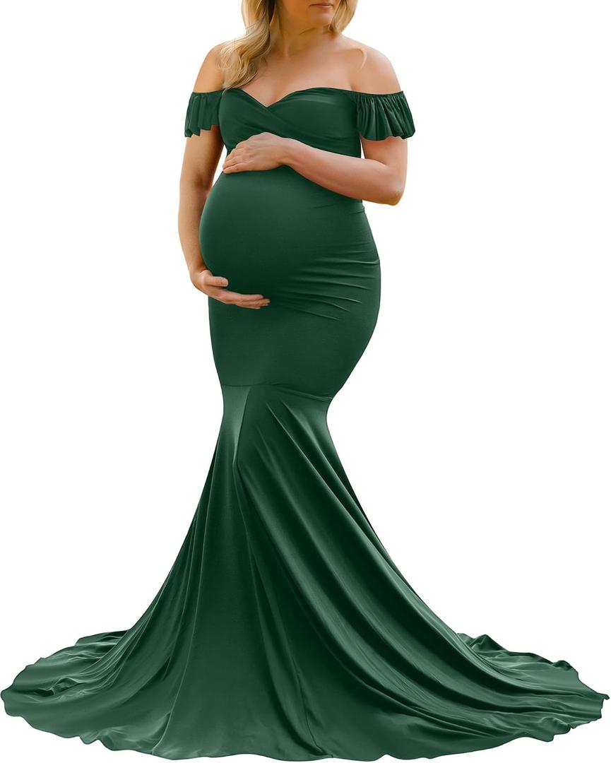 Saslax Off Shoulder Ruffle Sleeves Elegant Fitted Maxi Maternity Dress for Photoshoot Baby Shower (Green, L)