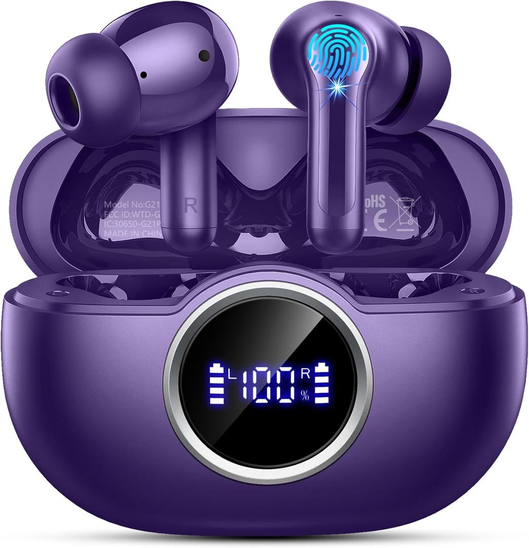 Wireless Earbuds Bluetooth Headphones, 2025 Ear Buds Deep Bass Hi-Fi Stereo, 4 ENC Noise Cancelling Mic, 40Hrs in-Ear Earphones, IP7 Waterproof Workout Sport for Android iOS, Purple