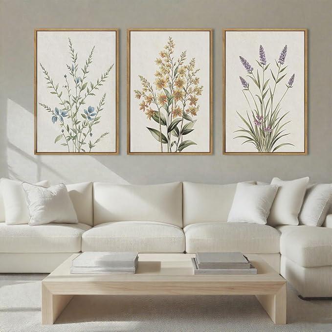 Anyzal Large Dark Moody Wall Art Framed Black Dried Floral Wall Decor Vintage Wildflower Artwork Prints for Living Room Bedroom Office 16x24 Inch Set of 3 (24L" x 16W")