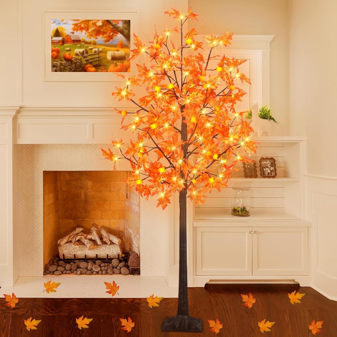 Maple Tree, 126 LED Prelit Fall Decor Maple Tree 14 Pumpkin & 14 Acorn Lights Remote Plug in Indoor Outdoor Autumn Harvest Thanksgiving Fall Decorations