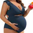 Charmo High Waisted Maternity Swimsuit Ribbed Ruffle One Piece Pregnancy Bathing Suits Self Tie Swimwear, (M,Navy)