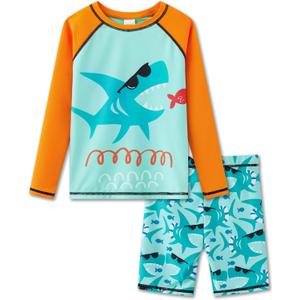 UMELOK Boys' Rash Guard Swim Set (2-3T, Orange/Shark)