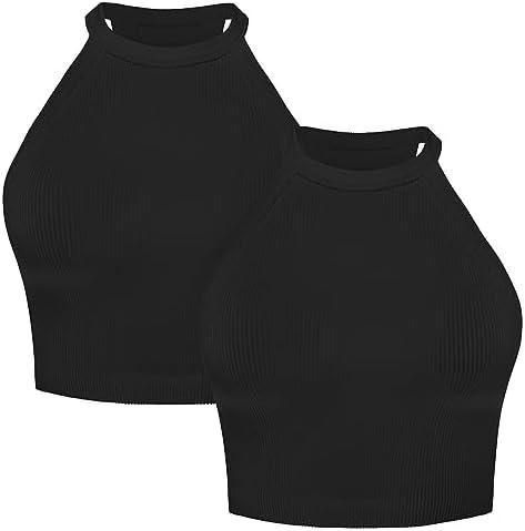 Sunzel Ribbed Tank Tops for Women, Halter High Neck Seamless Cute Crop Top, Basics Sleeveless Workout Athletic Yoga Shirts, Large 