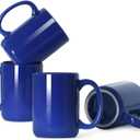 16 OZ Porcelain Coffee Mugs, Classic Blank Ceramic Cup with Large Handle for Tea Latte Cappuccino, Set of 4, Blue