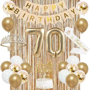 Trgowaul 70th Birthday Decorations for Women, Banner, Sash and Crown, Cake Topper, 70 Number Balloon, Fringe Curtains, Champagne Gold 70th Birthday Party Supplies