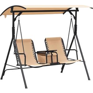 Outsunny 2-Seat Patio Swing Chair, Outdoor Canopy Swing Glider with Pivot Storage Table, Cup Holder, Adjustable Shade, Bungie Seat Suspension and Weather Resistant Steel Frame, Beige