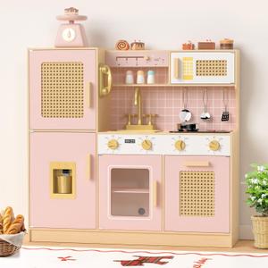 Babytronic Wooden Kitchen Playset for Kids - Pink Pretend Play Kitchen with Lights & Sounds, Retro Style Toy Kitchen for Toddlers Ages 3+, Wooden Play Kitchen Set with Realistic Design (Pink), 9.4 x 31.5 x 33.1 inches