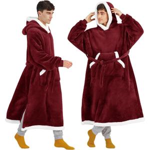 Bedsure Wearable Blanket Hoodie, Long Hooded Blanket Sweatshirt as Christmas Birthday Gifts for Men, Cozy Sherpa Hoodie for Adult, Oversize, Burgundy