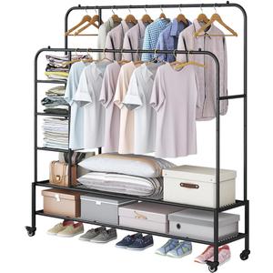 SUOERNUO Garment Rack for Hanging Clothes Rack Heavy Duty Portable with Bottom Metal Shelf Drying Coats Shirt,Black (Black+Double Rods+Shelf)