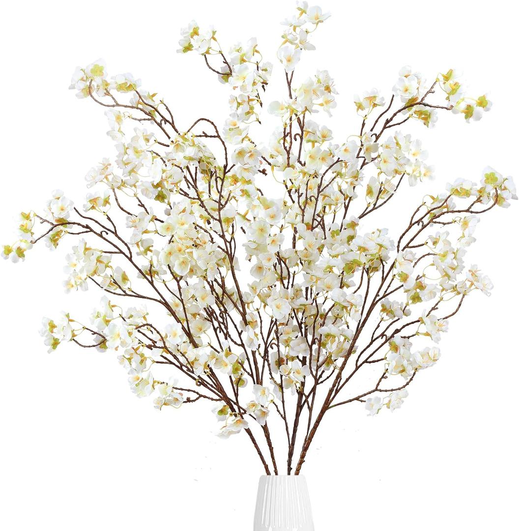 Sggvecsy Artificial Cherry Blossom Flowers 4 Pcs Faux Cherry Blossom Stems Faux Silk Cherry Blossom Branches 41 Fake Flowers Long Stems for Vase Arrangements Home Wedding Table Decor (White)